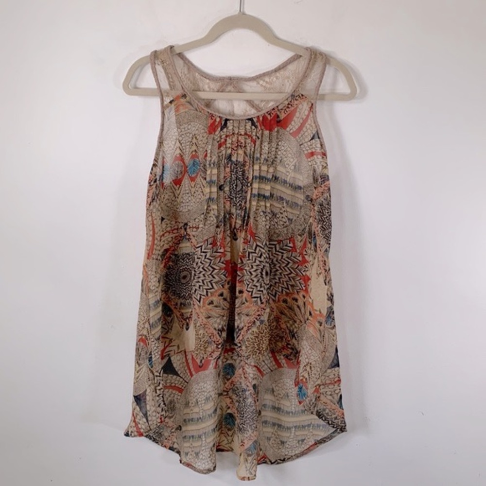 Doe & Rae Boho Tribal Sleeveless Pleated Front Women’s Size L Hi-Low Hemline Top